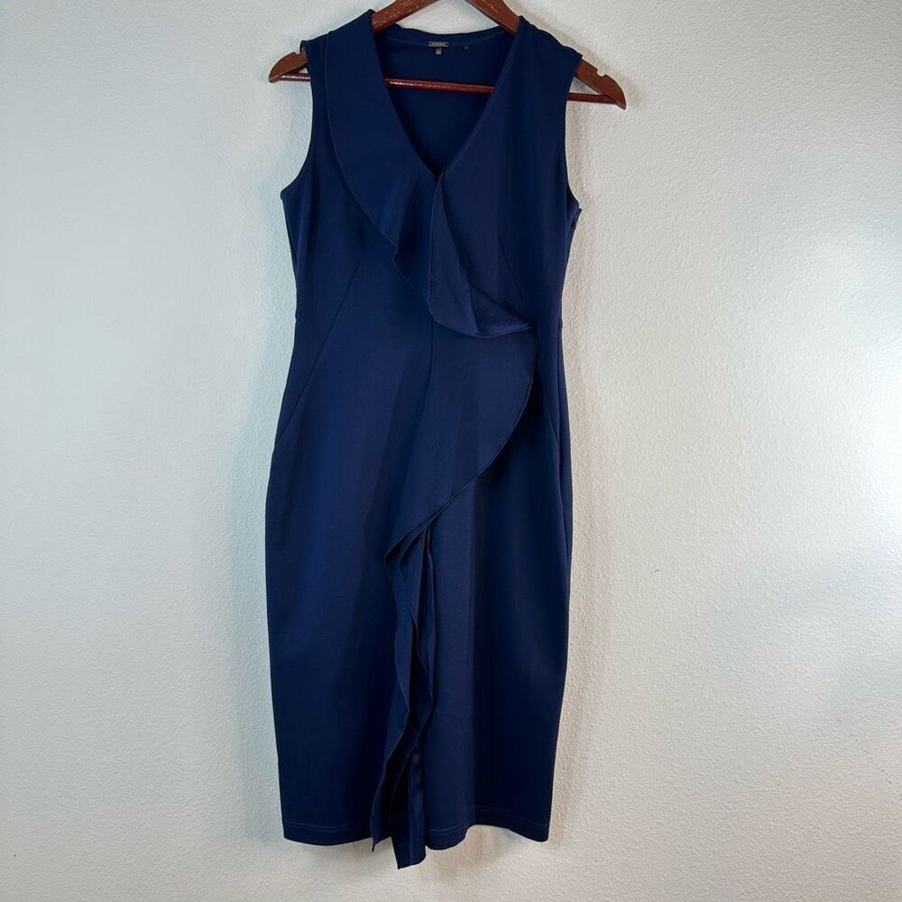 Elie Tahari Navy Blue Waterfall Ruffle Career Dress Womens 6 Modern Elegant